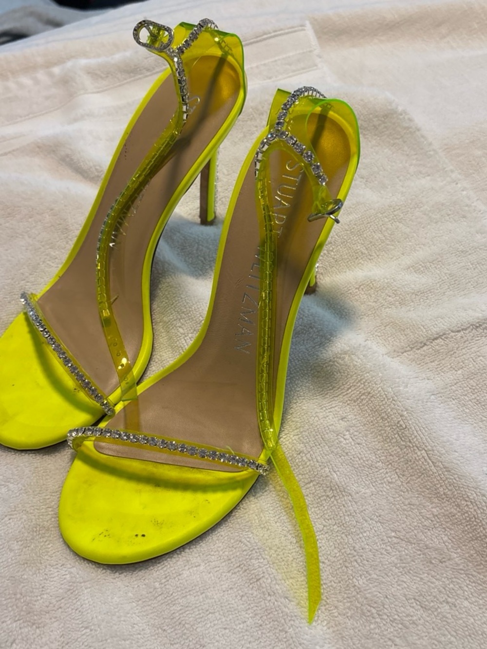 Stuart Weitzman Neon Yellow Rhinestone Ankle-Strap Stiletto Sandals